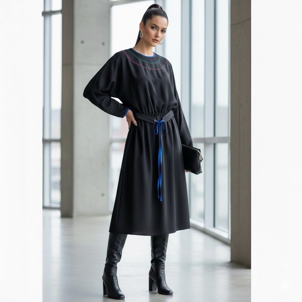 Vintage black long sleeve belted midi dress size S